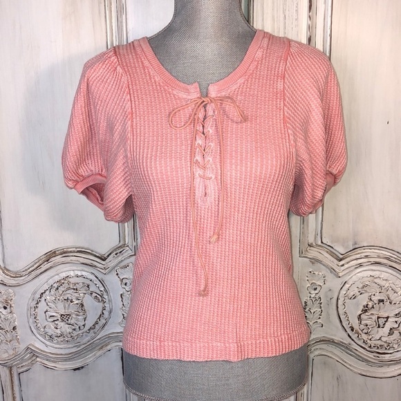 Free People One Soft Sherbet Orange Waffle Textured Puff Sleeve Henley Top S/XS - Picture 1 of 12
